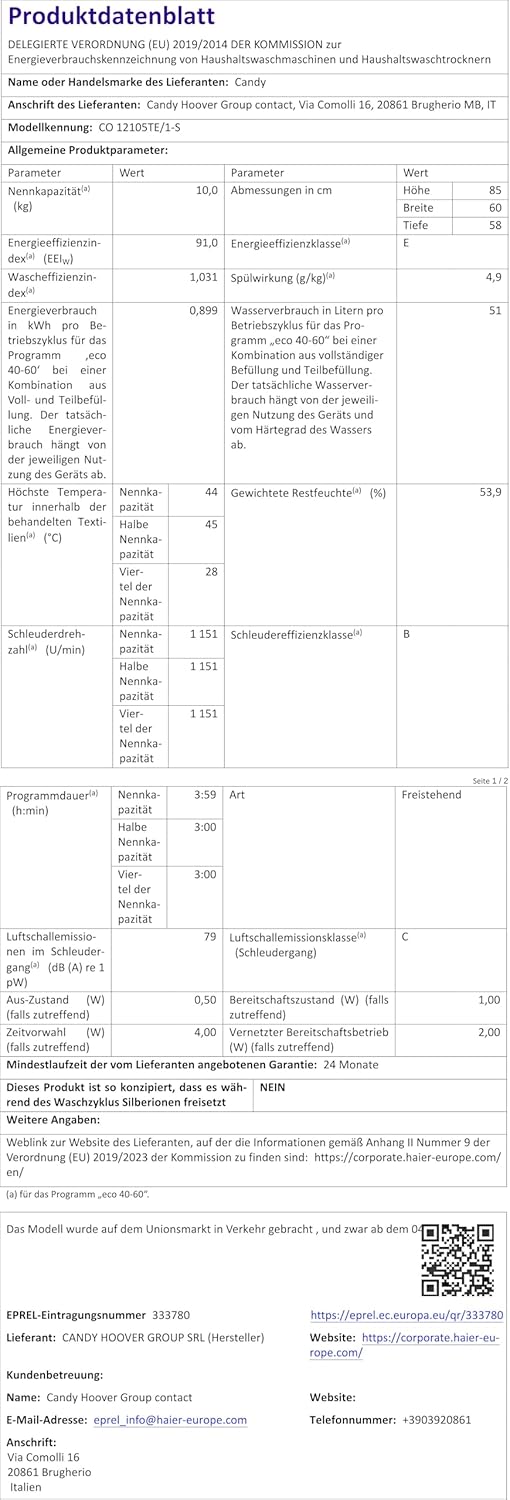 CANDY CO 12105TE/1-S Lave-linge Hublot Smart Pro, 10 kg, 1200 tr/min, Classe E, Blanc