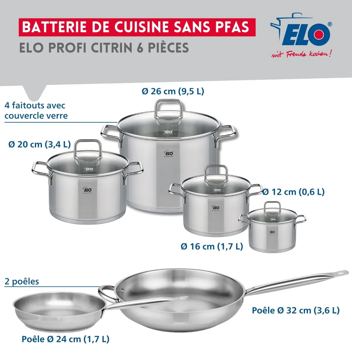 Ensemble de 2 Poêles de cuisson 24 et 32 cm et 4 faitouts 12, 16, 20 et 26 cm Elo Profi Citrin Elo