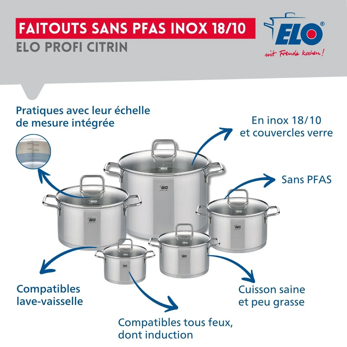 Ensemble de 2 Poêles de cuisson 24 et 28 cm et 5 faitouts 12, 14, 16, 20 et 26 cm Elo Profi Citrin Elo