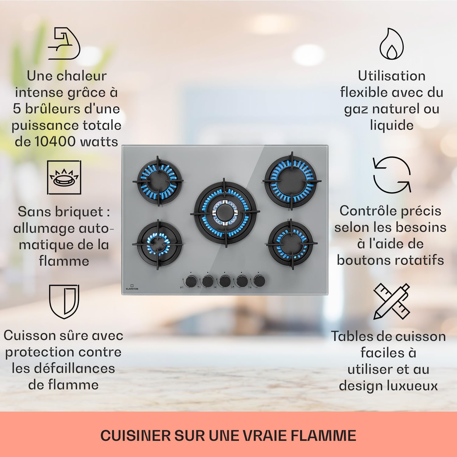 Klarstein Table de Cuisson à Gaz, Plaque de Cuisson Gaz à 4 Brûleurs, Table de Cuisson Electrique à 4 Feux de 8000W, Cuisiniere Gaz, Gaziniere Gaz avec Brûleurs en Acier Inoxydable, Cuisinières GPL