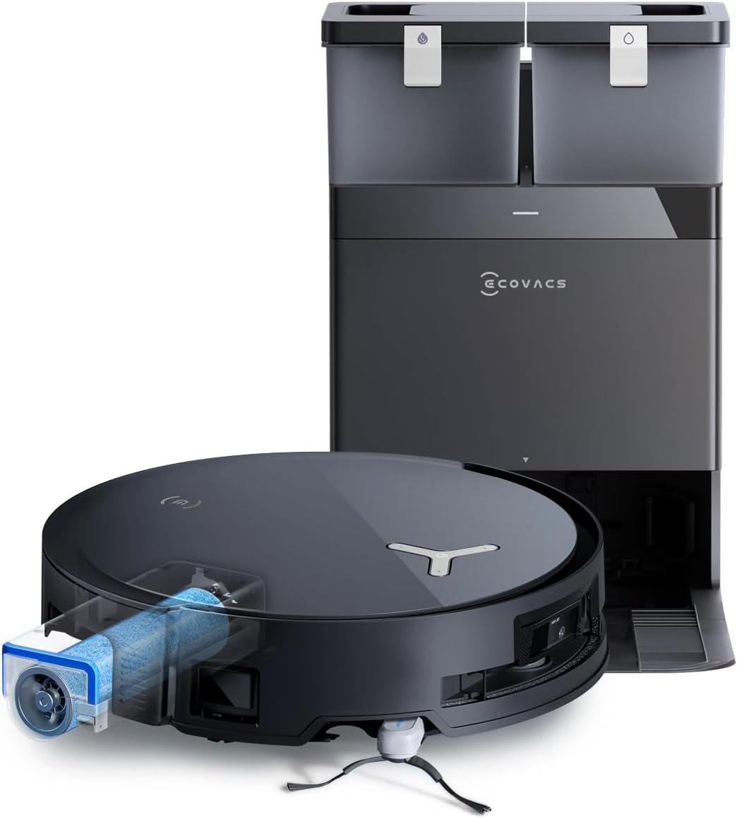 ECOVACS X8 PRO OMNI Robot Aspirateur Laveur avec Station Tout-En-Un, Puissance 18000Pa, Nettoyage Automatique Instantané OZMO ROLLER, Nettoyage à l'eau chaude 75℃, Ajout Solution Nettoyage Automatique