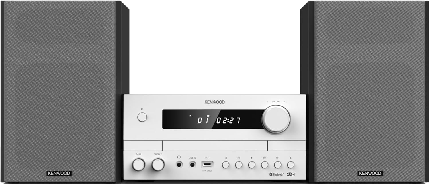 Kenwood M-822DAB Micro-chaîne Hi-FI avec Lecteur CD, USB, FM RDS, Dab+, Bluetooth et Audio-Streaming (Diffusion Audio) 2x50W, Blanc et Gris