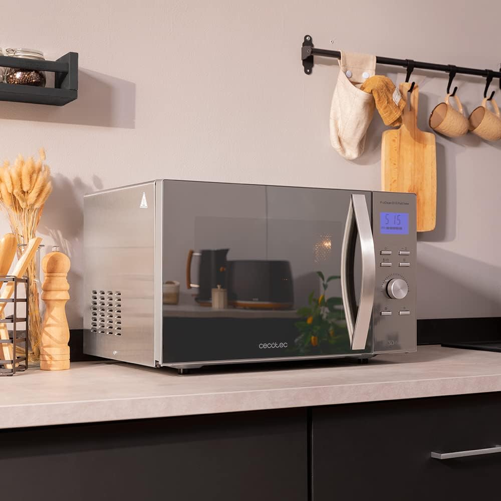 Cecotec Four à micro-ondes ProClean 9110 FullINOX avec grill 1000 W, 30 litres, 5 niveaux de puissance, 8 programmes, minuterie de 60 minutes, revêtement Ready2Clean, design avant miroir