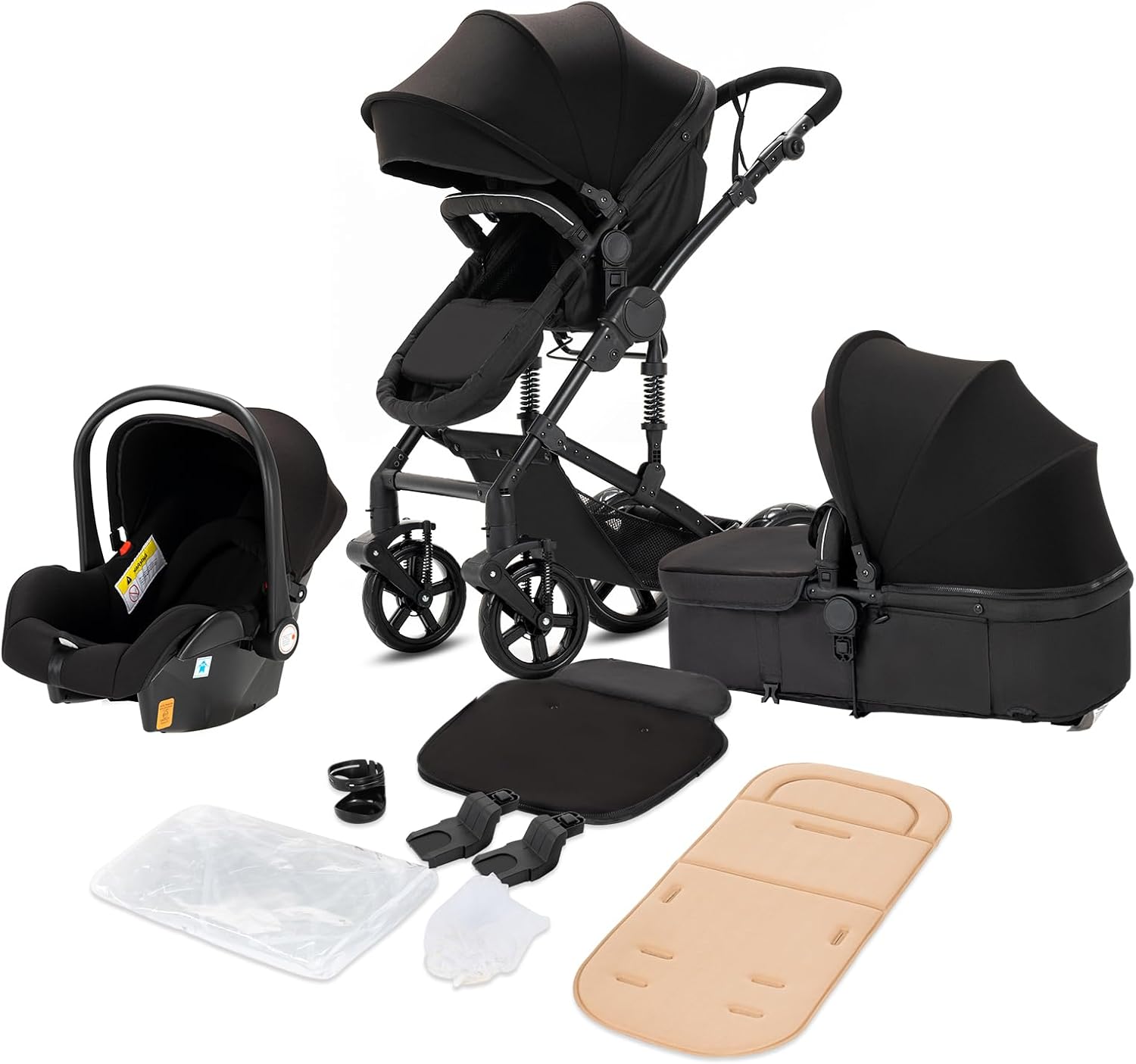 Magic ZC Poussette 3 en 1, Poussette Bebe avec Conception Portable Pliable en Un Clic, Pousette 3 en 1 avec Poussée Réversible Bidirectionnelle, Poussette Trio avec Accessoires (black gold 588)