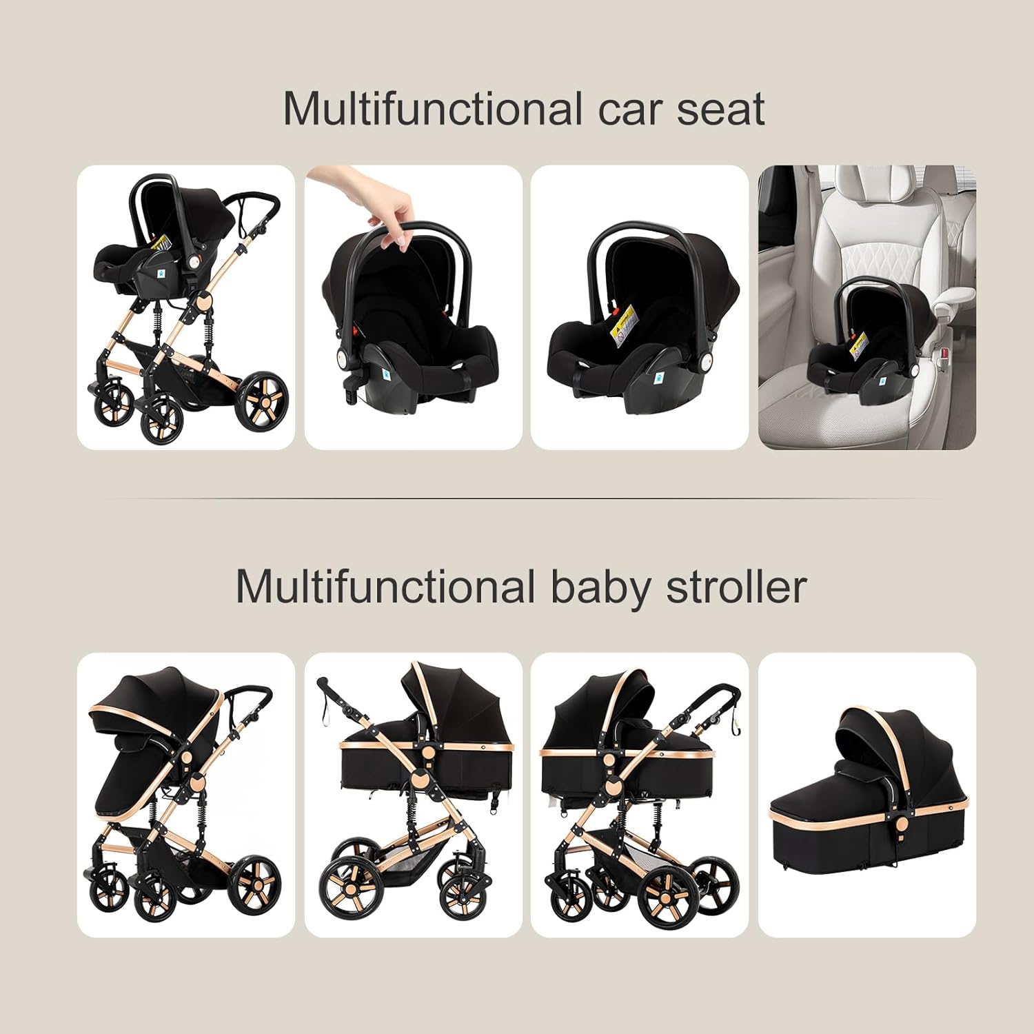 NADDLILY Poussette 3 en 1, Poussette Bebe avec Conception Portable Pliable en Un Clic, Pousette 3 en 1 avec Poussée Réversible Bidirectionnelle, Poussette Canne avec Accessoires (V9 Black)