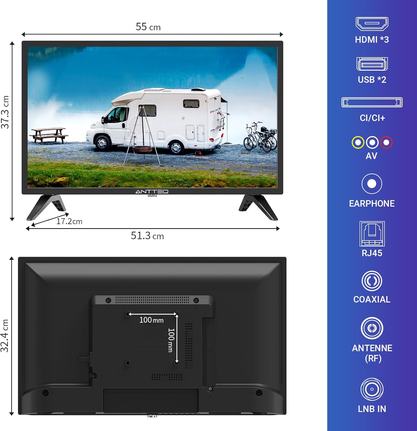 Antteq AB42D1 télévision 42 Pouces (TV 107 cm), Dolby Audio, LED, Triple Tuner DVB-C / T2 / S2, CI+, HDMI, Lecteur multimédia Via USB, Sortie Audio numérique, y Compris Mode hôtel