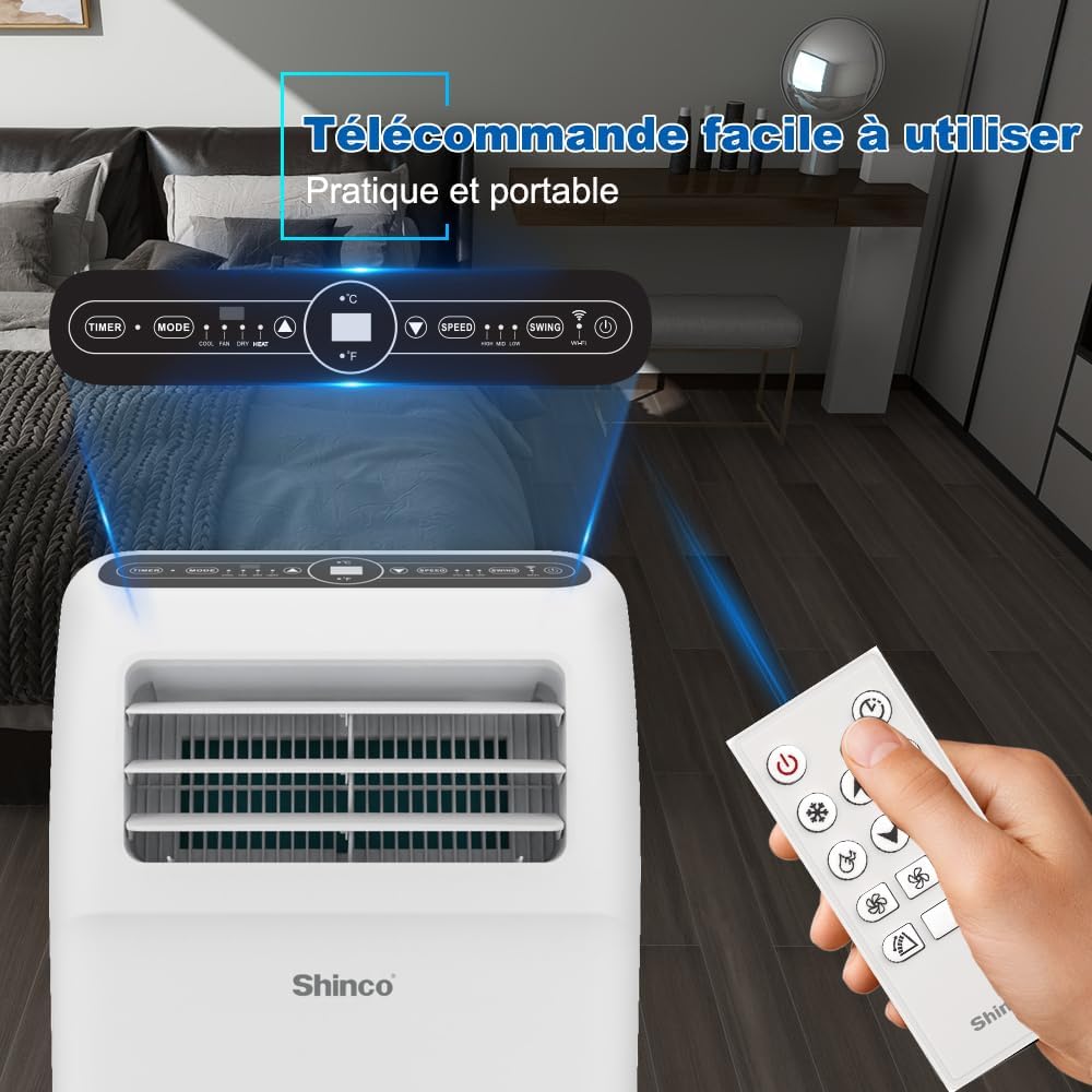 SHINCO Climatiseur mobile, 7000 BTU 2,05kW, Refroidir&Ventilation&Déshumidification, taille de la pièce jusqu'à 54m³(18㎡), Climatiseur mobile avec tuyau d'évacuation et tuyau de vidange, mode sommeil