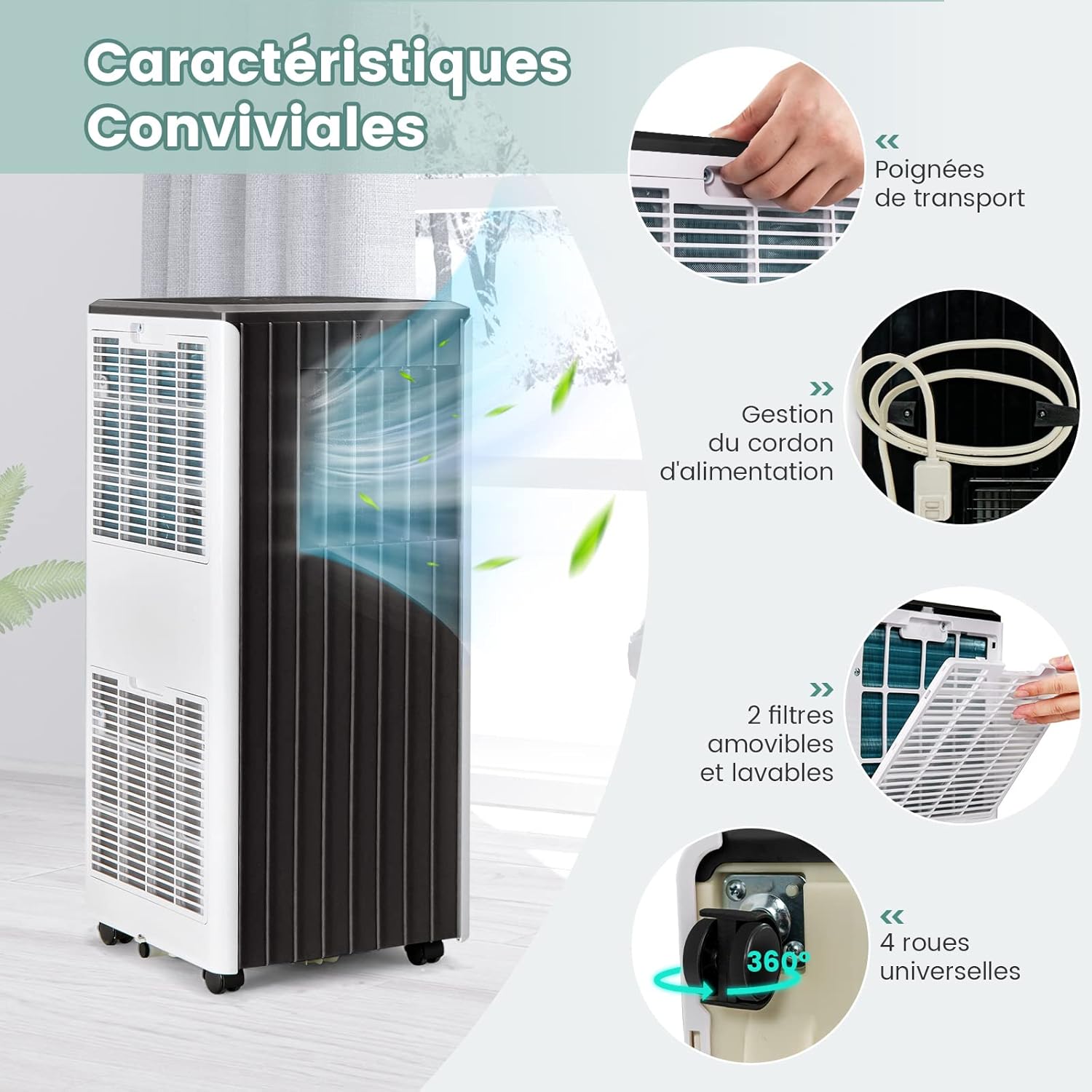 COSTWAY Climatiseur Mobile Silencieux 16000BTU, 5 EN 1,Refroidissement,Chauffage,Ventilateur,Déshumidificateur,Mode Nuit,Climatisation Rapide,Clim Mobile