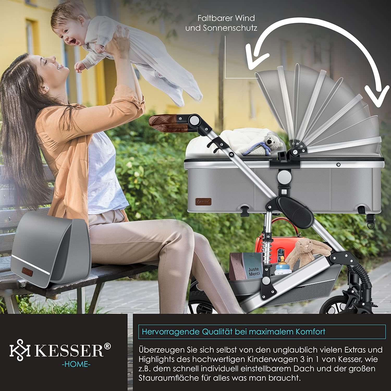 KESSER® Poussette combinée 3en1 Set incl. baignoire bébé poussette Siège sport & siège auto pour bébé Pneus pleins en caoutchouc Sac à langer Protection pluie Table pour enfant ECE R129 noir/champagne