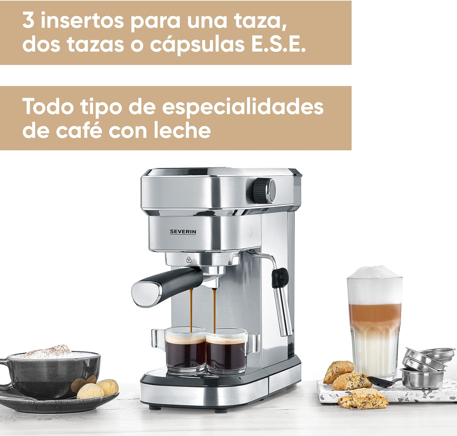 SEVERIN Cafetière Expresso Espresa Plus, 1 350W, 1,1 L, Manomètre intégré, Pompe 15 bars, Set barista inclus, Inox/Noir, KA 5995