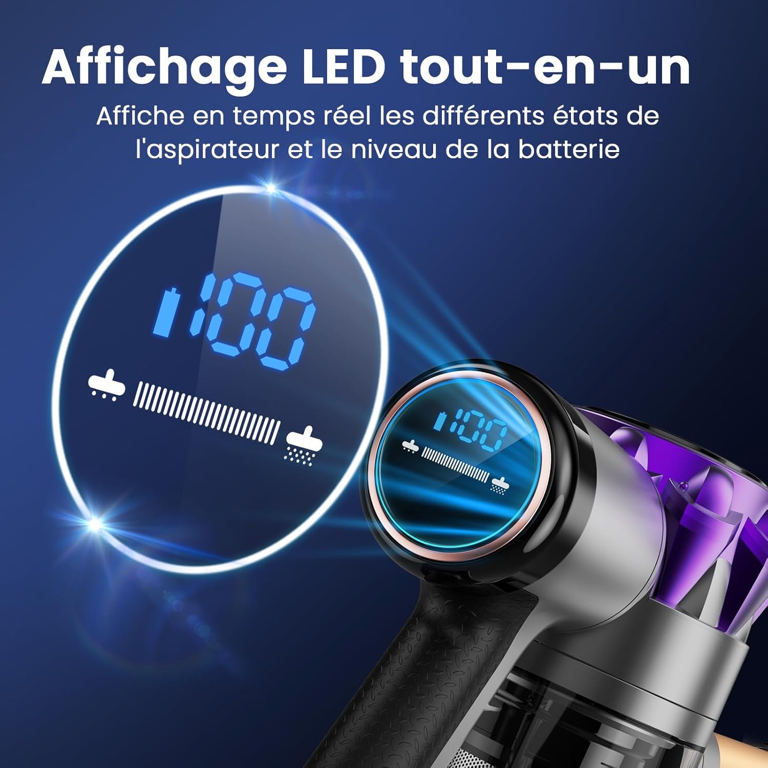 Aspirateur Balai sans Fil, 40KPa/ 55 Min d'Autonomie Aspirateur sans Fil Puissant avec Écran LED, Batterie Amovible, Lumière LED, Brosse Anti-emmêlement pour Tapis, Sols Durs, Poils d'animaux