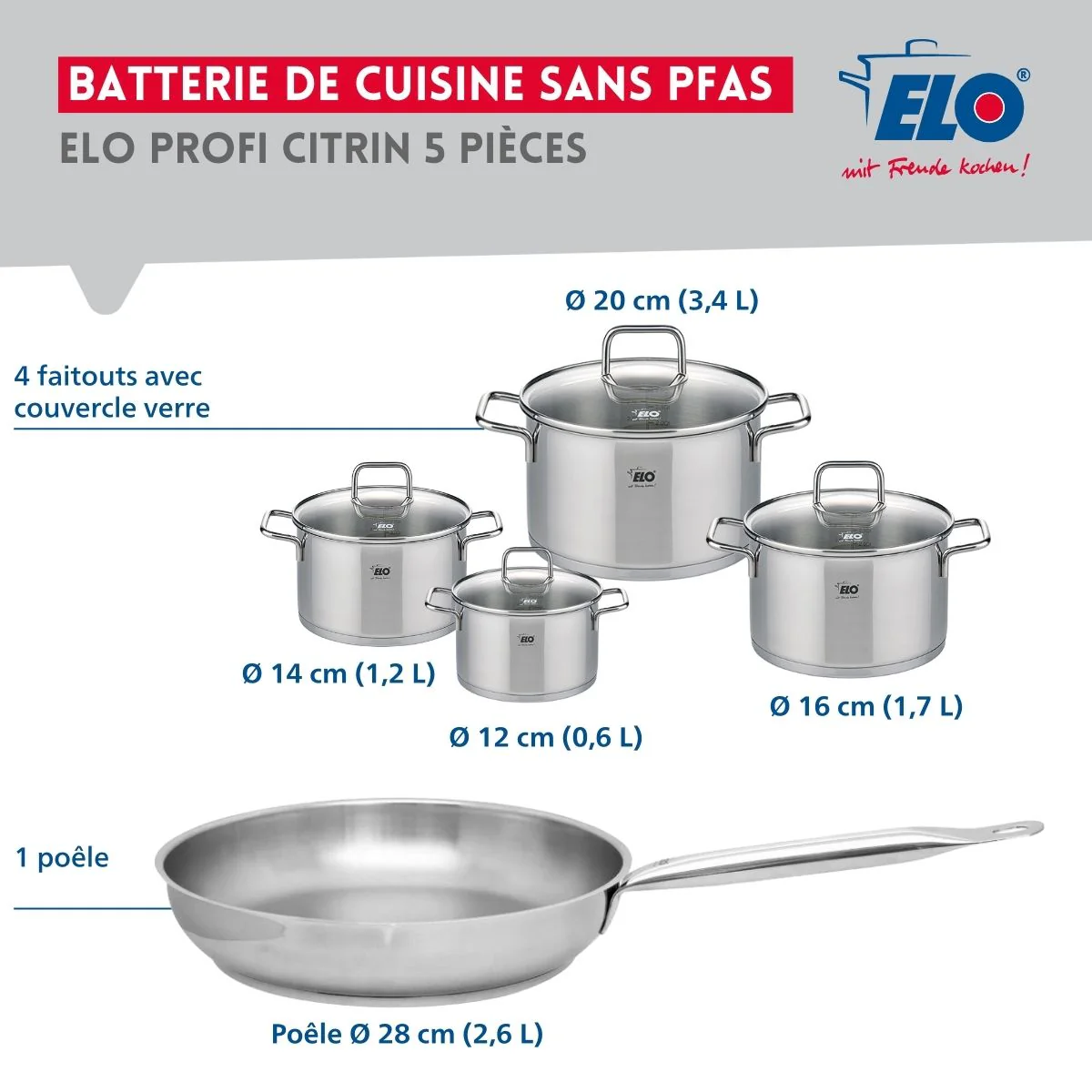 Ensemble de 1 Poêle de cuisson 28 cm et 4 faitouts 12, 14, 16 et 20 cm Elo Profi Citrin Elo