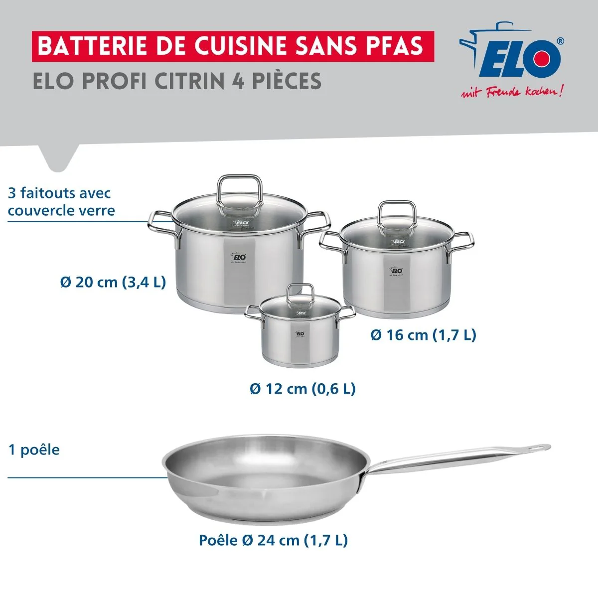 Ensemble de 1 Poêle de cuisson 24 cm et 3 faitouts 12, 16 et 20 cm Elo Profi Citrin Elo