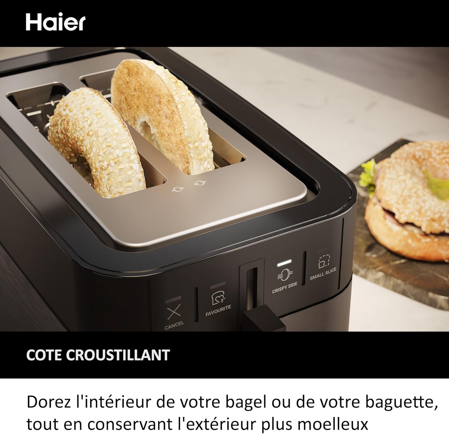 Pack Petit Déjeuner Grille-Pain Toaster+Bouilloire Haier I-Master Série 5, Acier Inoxydable, Fentes Extra Profondes, 7 Niveaux de Brunissage, 7 Réglages de Température Fonction Maintien au Chaud