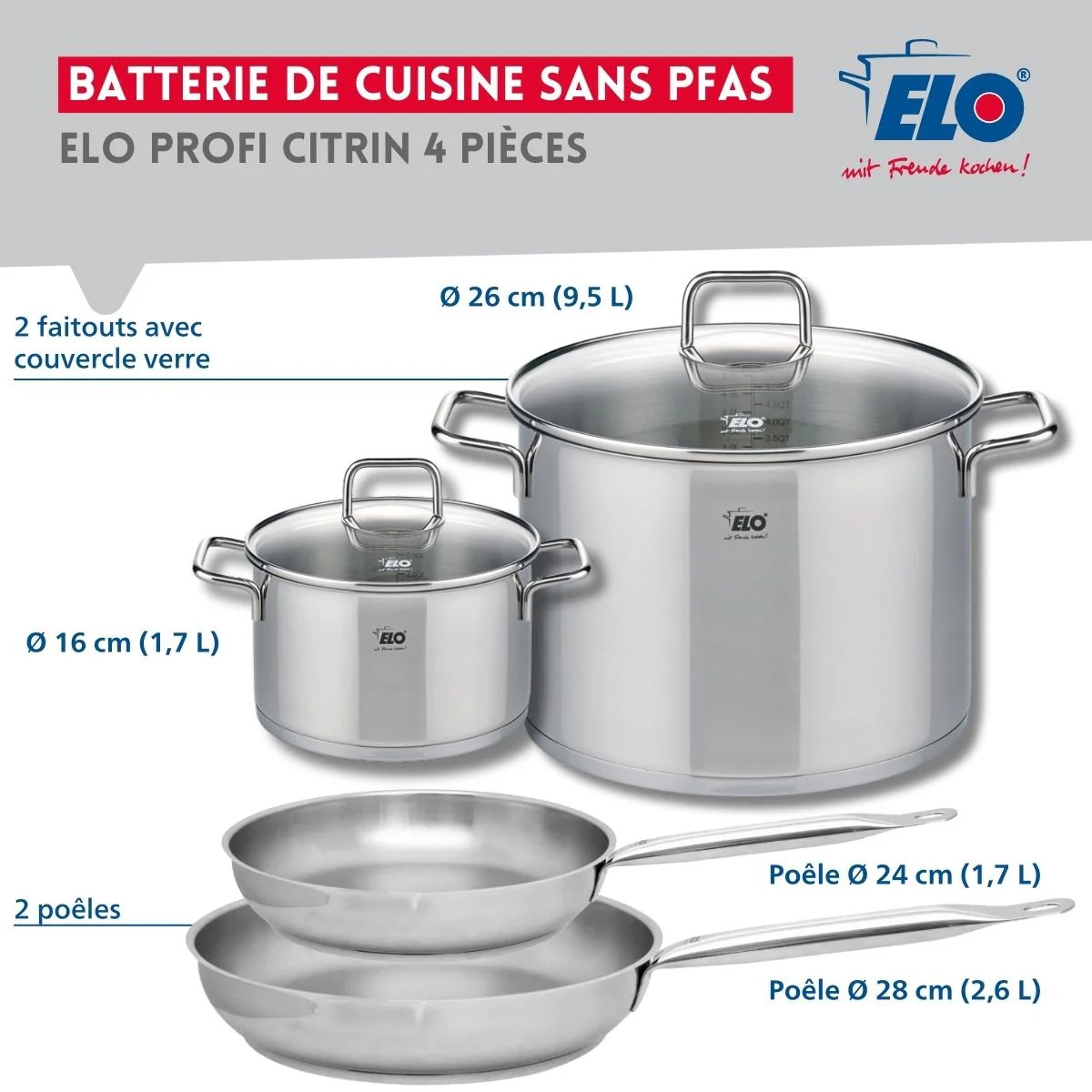 Set de 2 Poêles de cuisson 24 et 28 cm et 2 faitouts 16 et 26 cm Elo Profi Citrin Elo