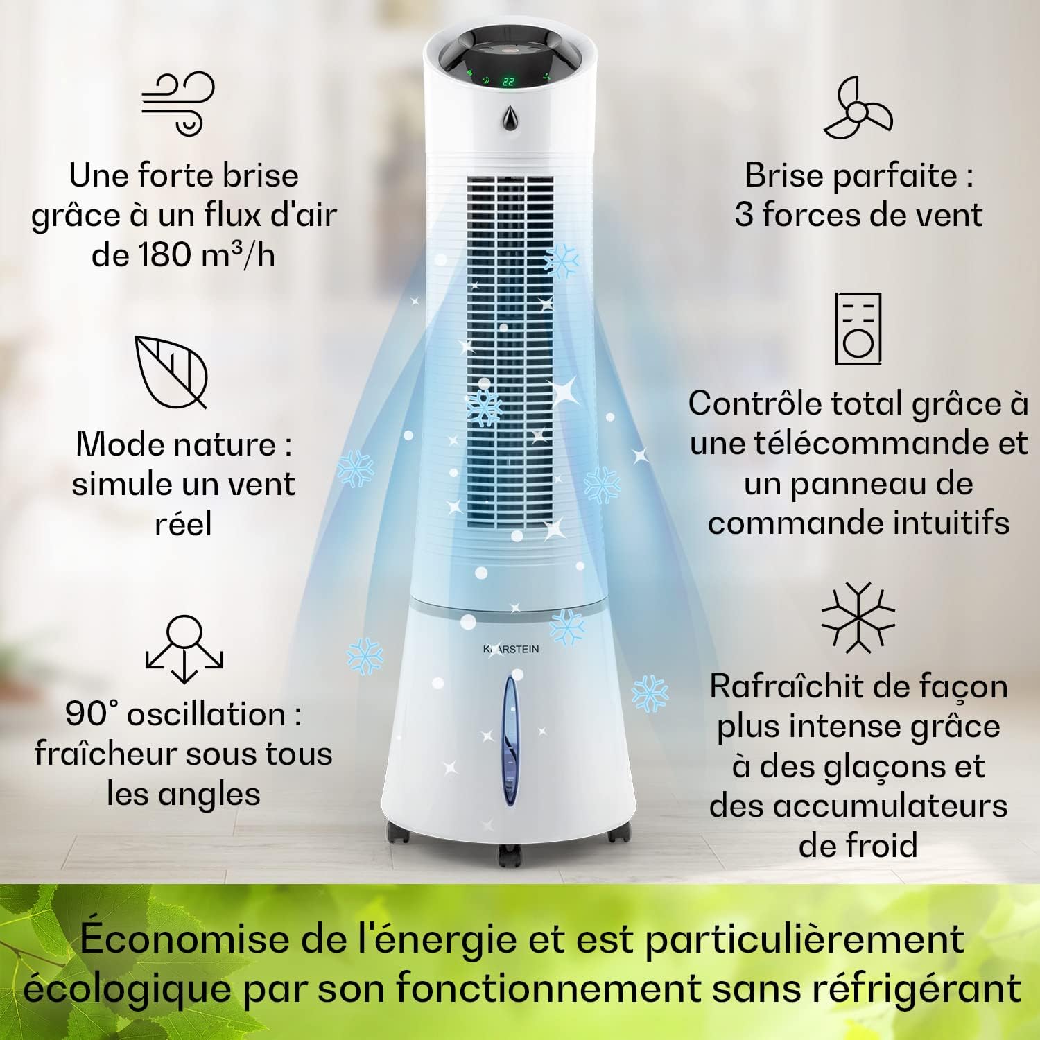 Klarstein Rafraichisseur d'Air Mobile 5 en 1, par Evaporation avec Humidificateur, Ventilateur, Ioniseur, Climatiseur Mobile Sans Évacuation, Mode Nuit, 45W, Débit d'Air de 180m³/h