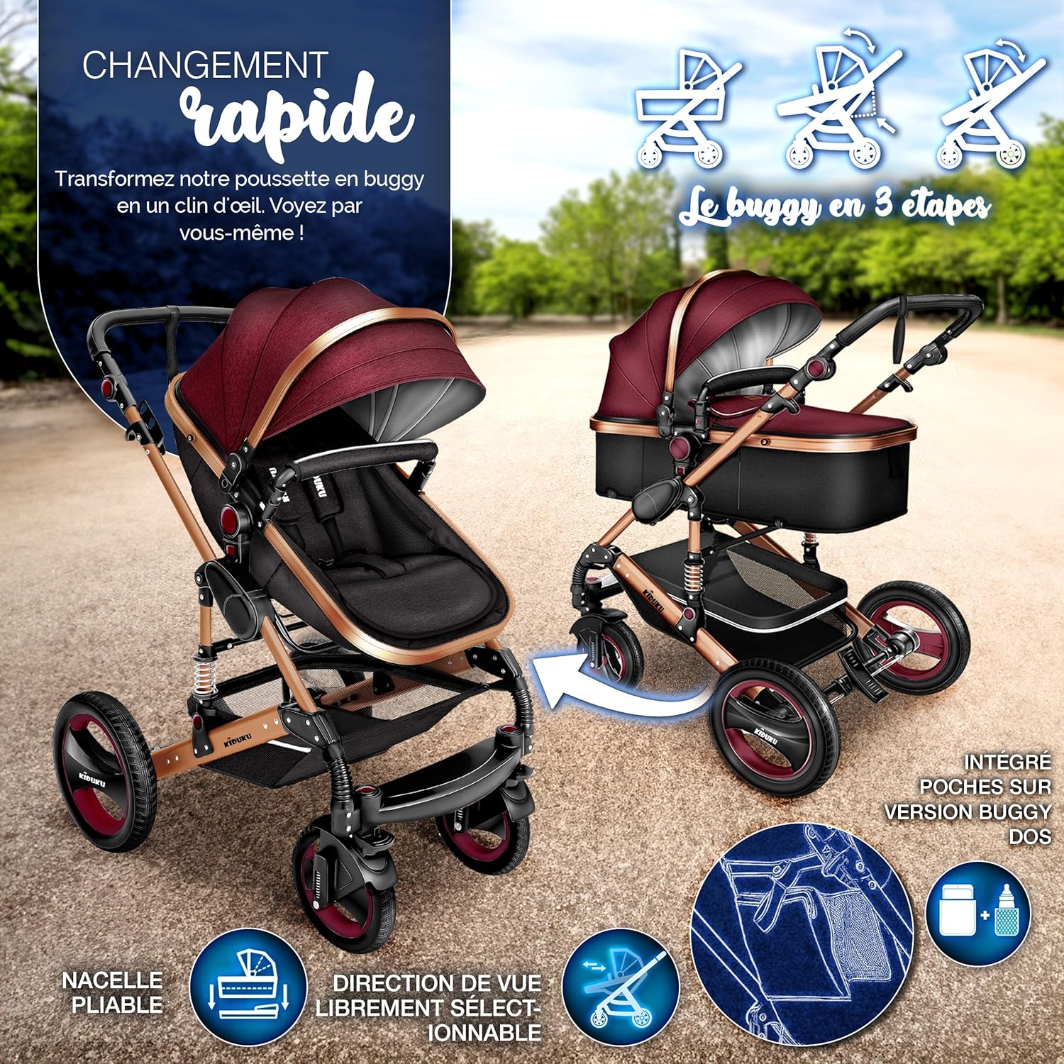 KIDUKU® Poussette Combinée 3 en 1 | Trio pour Enfants | Siége Auto Légère, Piable | Nacelle Souple Convertible | Set de Voyage (Noir/Champagne)