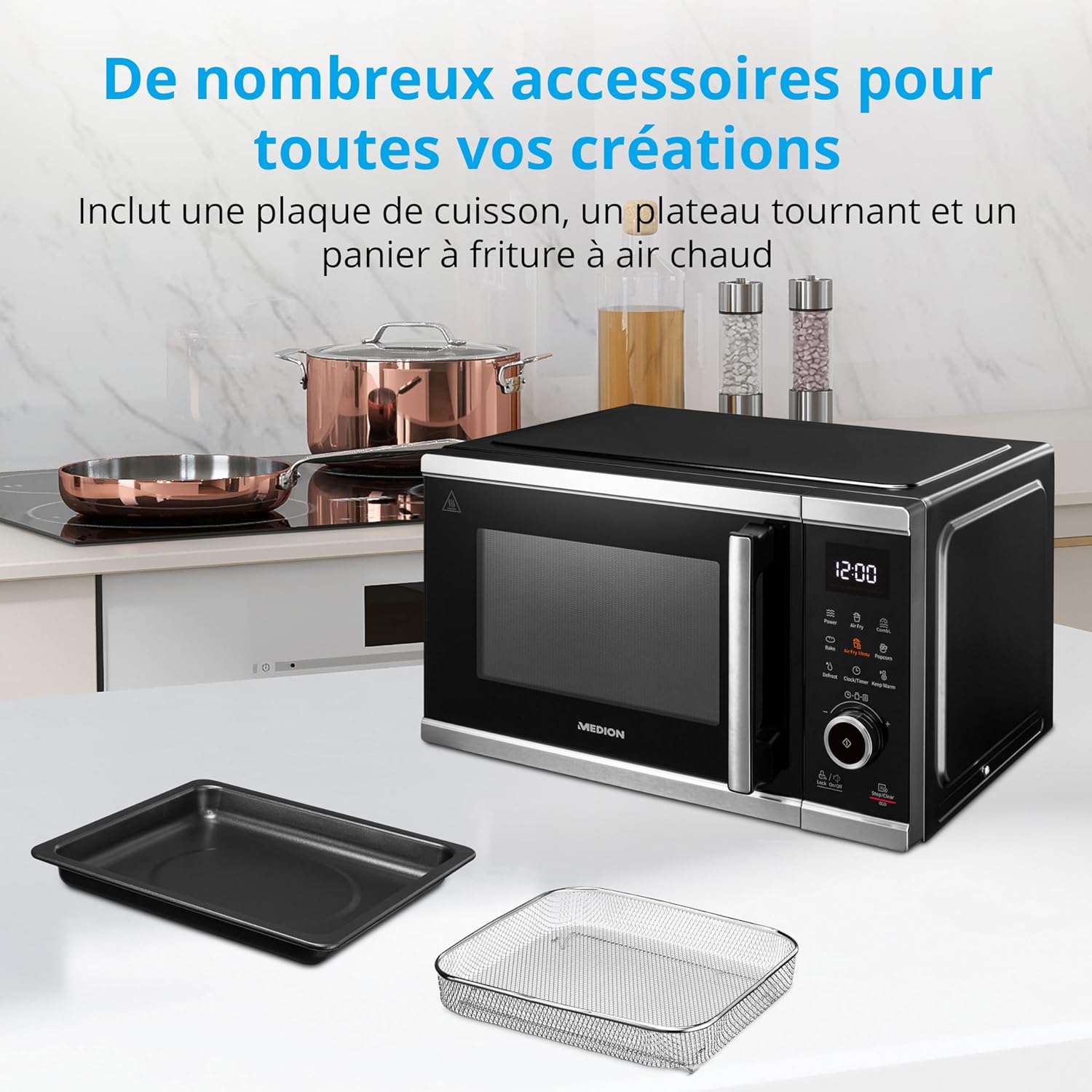 MEDION Micro-onde avec air fryer (Friteuse sans huile à air chaud integrée, 25L, 900W, 1500 W air chaud, 10 programmes automatiques, 10 niveaux de puissance, mode décongeler, MD11499) noir