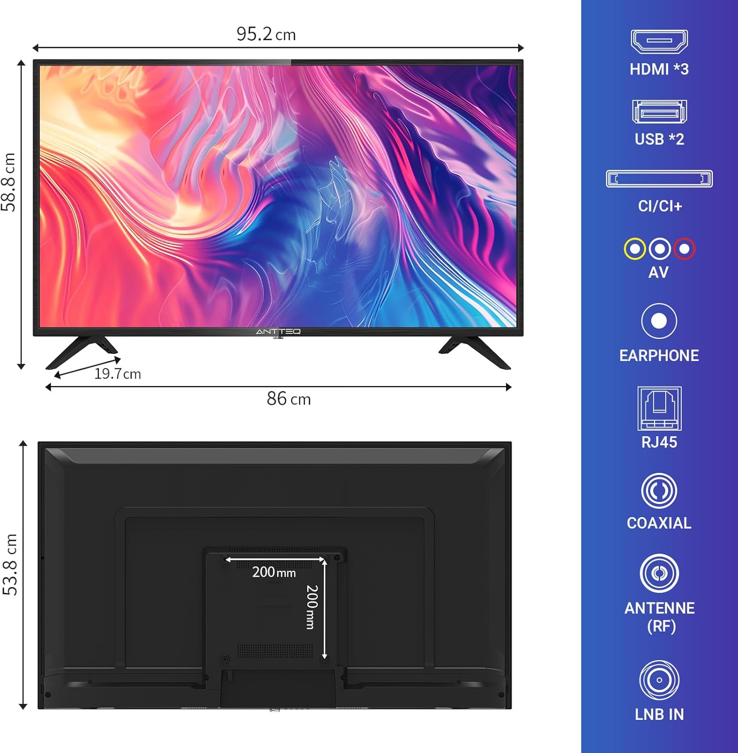 Antteq AB42D1 télévision 42 Pouces (TV 107 cm), Dolby Audio, LED, Triple Tuner DVB-C / T2 / S2, CI+, HDMI, Lecteur multimédia Via USB, Sortie Audio numérique, y Compris Mode hôtel