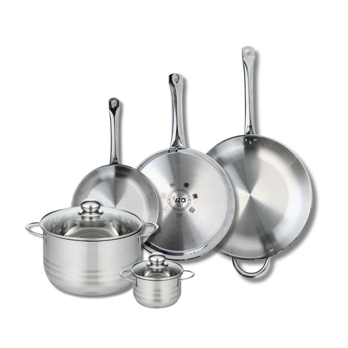 Ensemble de 3 Poêles de cuisson 24, 28 et 32 cm et 2 faitouts 12 et 24 cm Elo Profi Brillant Elo