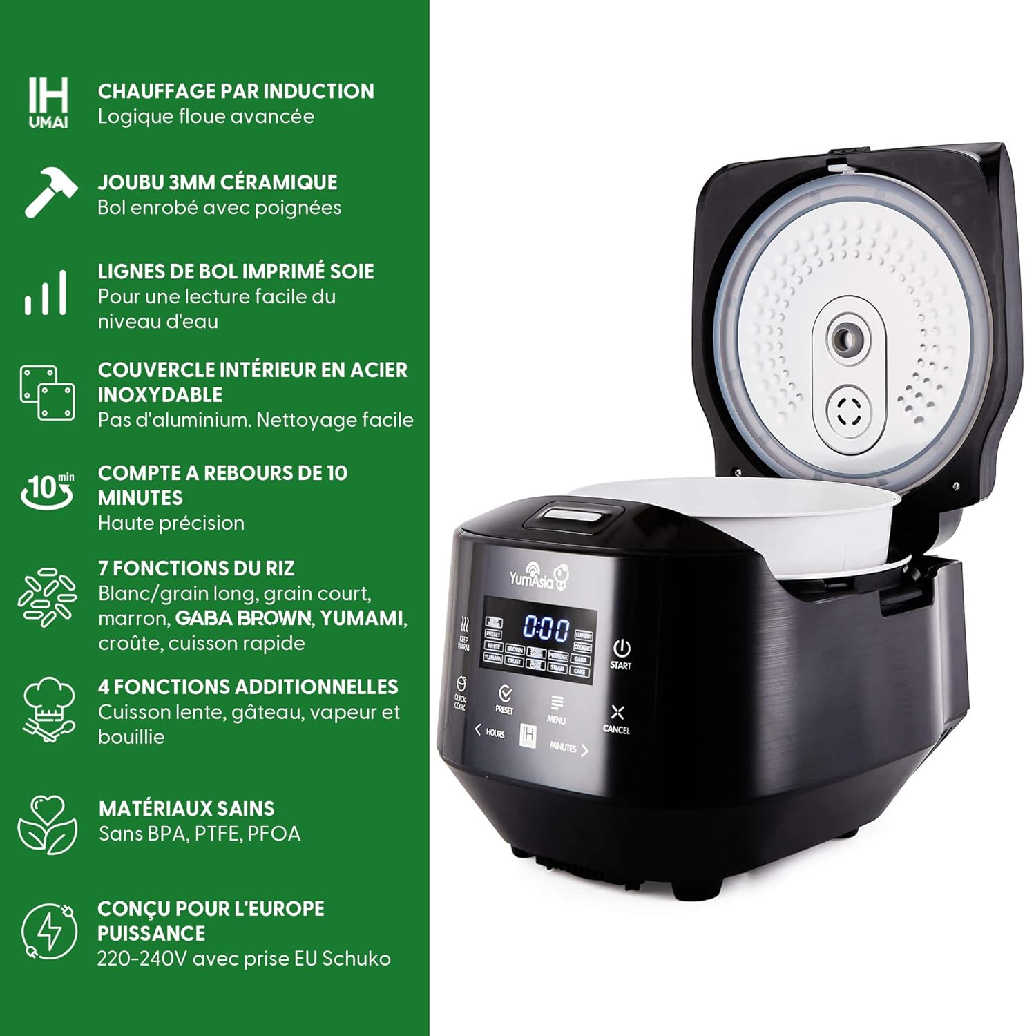 Yum Asia Bamboo Cuiseur à riz avec chauffage à induction (IH) et bol en céramique, 7 fonctions de cuisson au riz, 4 fonctions multicuiseurs, écran LED Motouch – 220-240V EU (Argent métallique)