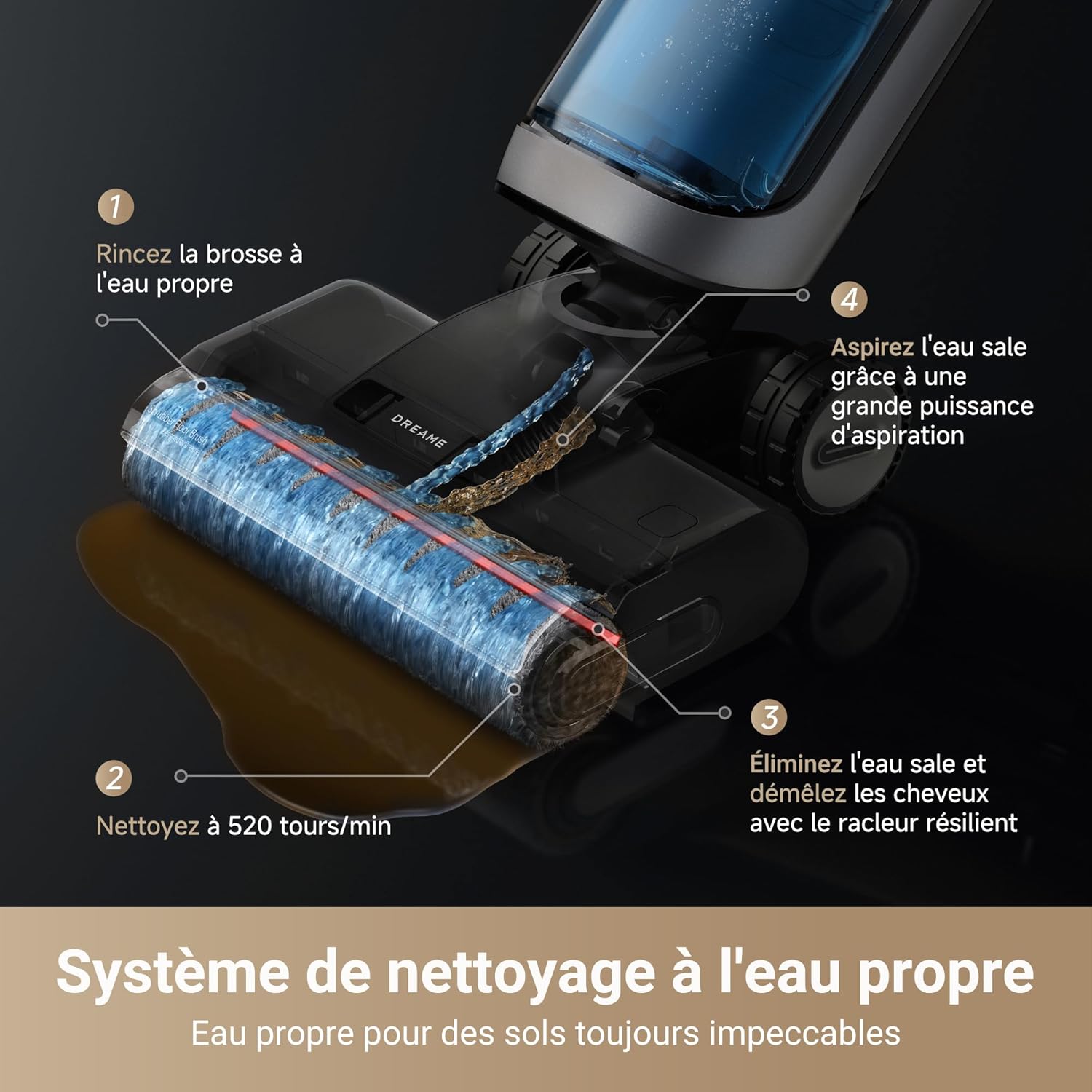 DREAME H14 Pro Aspirateur Laveur Sec Et Humide, Design Plat à 180°, Nettoyage de la Brosse à 60 °C, Séchage en 5min, Distribution Automatique de la Solution, Contrôle par Application, 18 kPa