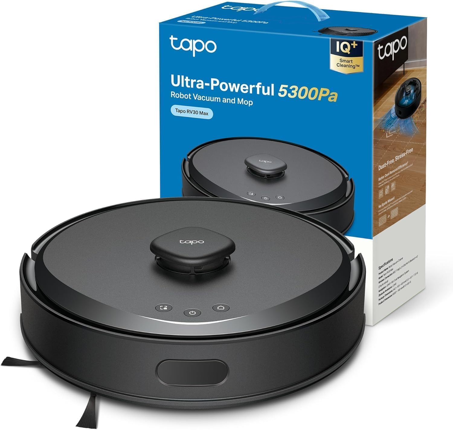 Tapo Aspirateur Robot Laveur 2 en 1 RV20Max Plus, Vidage Automatique, Silencieux Ultra Fin, Ultra puissante de 5300Pa, Navigation LiDAR, Auto-Charge Autonomie 180min, Tapis et Poils d'animaux