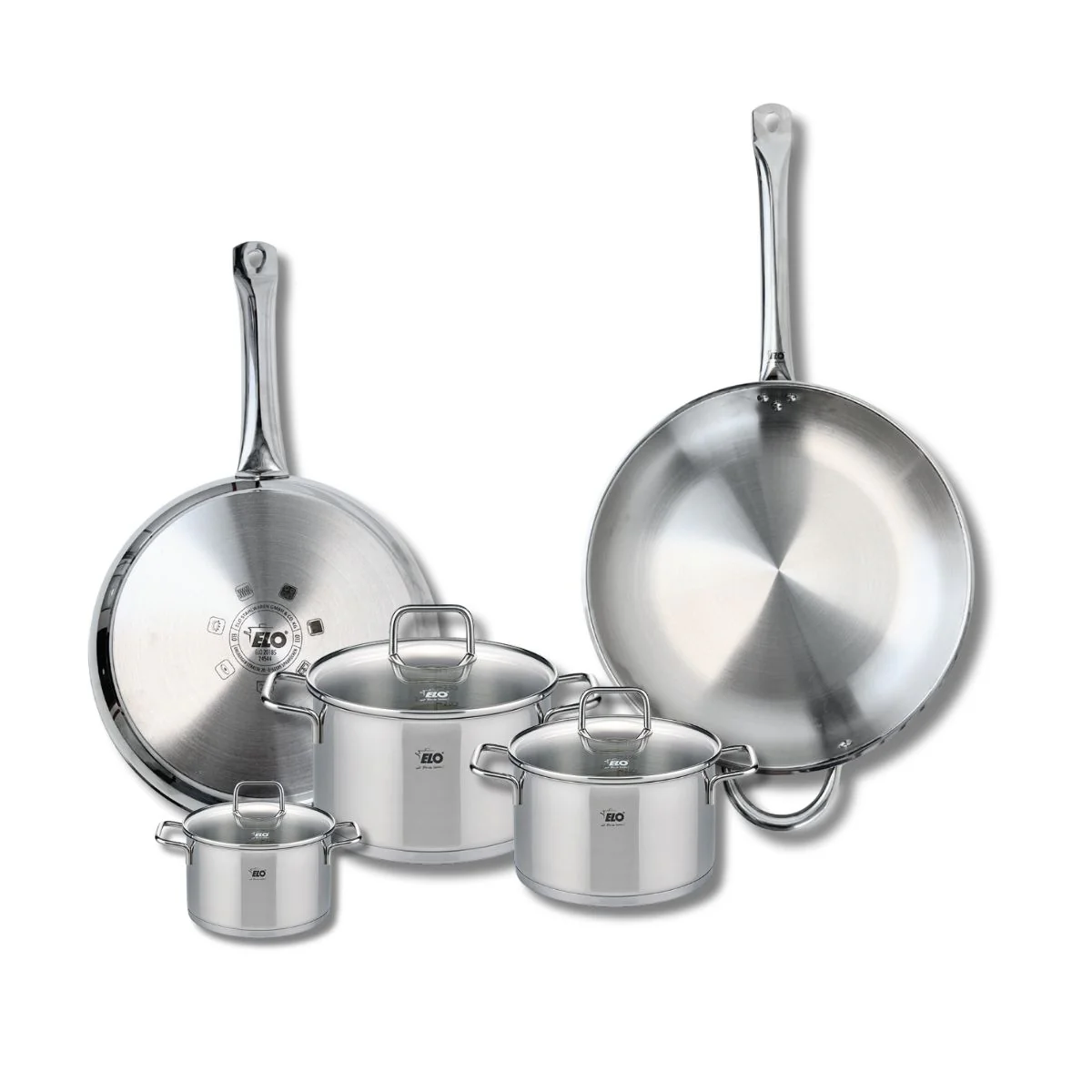 Ensemble de 2 Poêles de cuisson 28 et 32 cm et 3 faitouts 12, 16 et 20 cm Elo Profi Citrin Elo