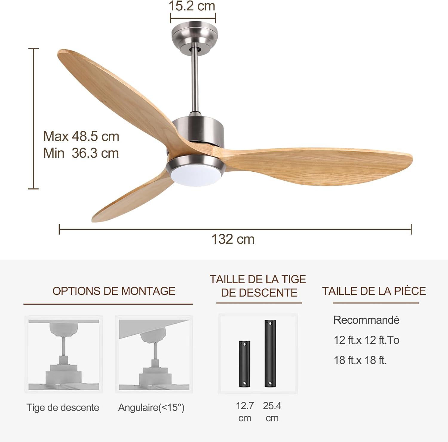 Ovlaim 132cm intérieur extérieur 3 pales hélice Smart ventilateur de plafond, Ventilateur de plafond en bois massif à moteur DC silencieux avect