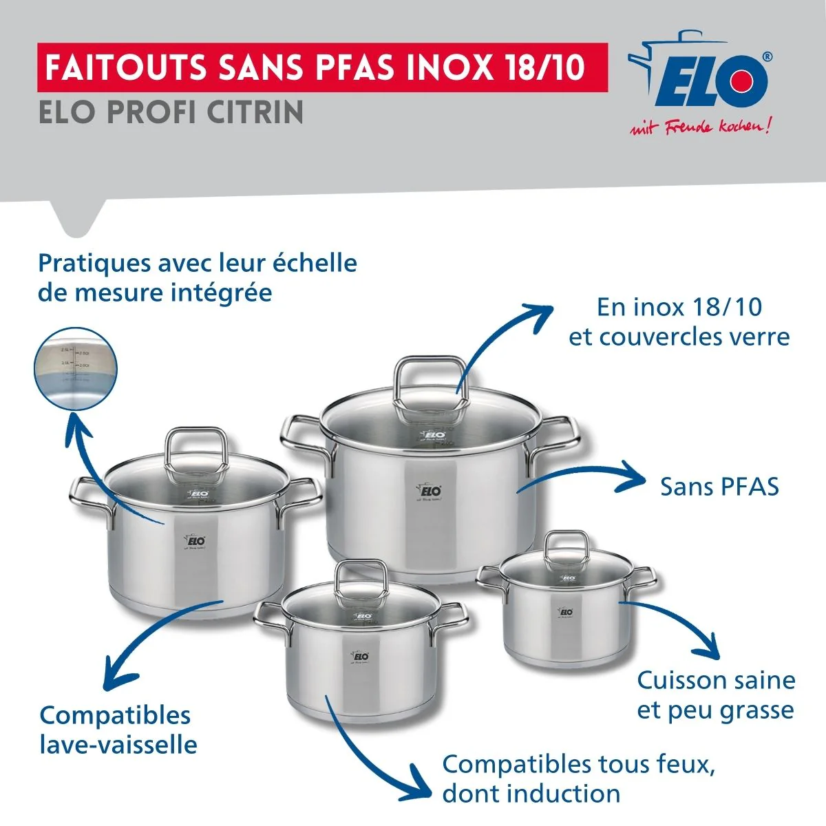 Ensemble de 1 Poêle de cuisson 24 cm et 4 faitouts 12, 14, 16 et 20 cm Elo Profi Citrin Elo