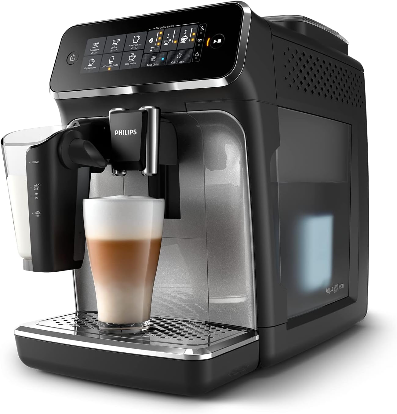 Philips Série 3200 Machine Expresso - Café à Grain - LatteGo Mousseur à Lait, 5 Spécialités de Café, Écran Tactile Intuitif, Argent (EP3246/70)