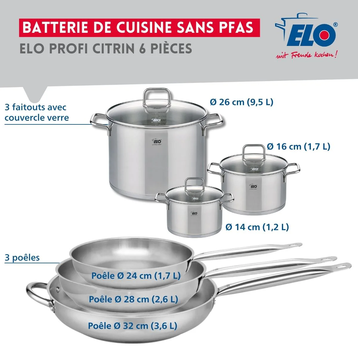Ensemble de 3 Poêles de cuisson 24, 28 et 32 cm et 3 faitouts 14, 16 et 26 cm Elo Profi Citrin Elo