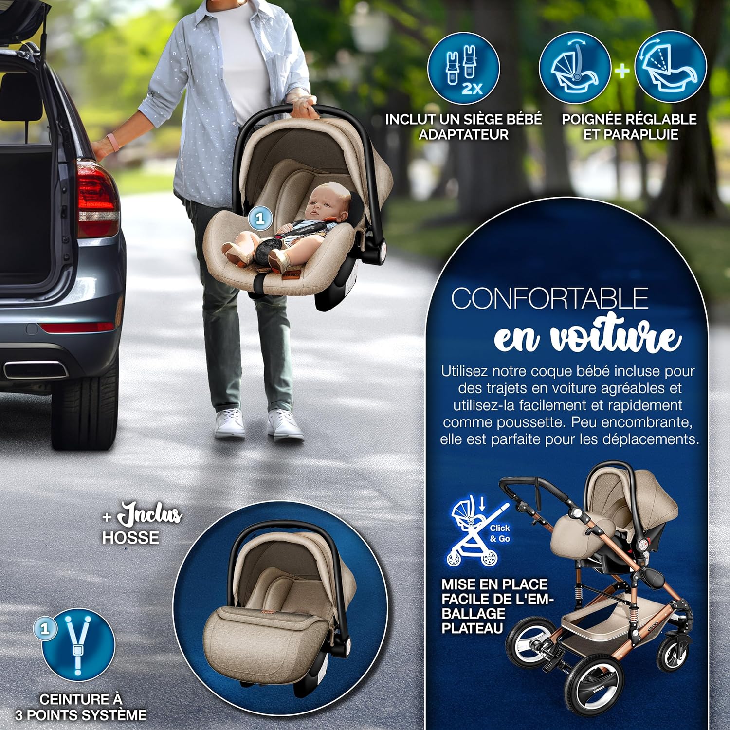 KIDUKU® Poussette Combinée 3 en 1 | Trio pour Enfants | Siége Auto Légère, Piable | Nacelle Souple Convertible | Set de Voyage (Noir/Champagne)