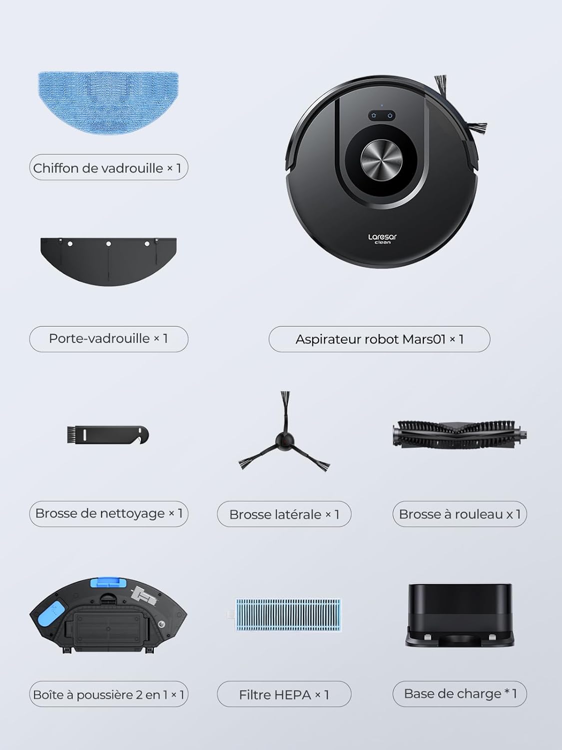 Laresar Clean Robot Aspirateur Laveur Mars01, Navigation Lidar 360°, 5000Pa Aspirateur Robot, 180min, Robot Aspirateur Laveur Convient aux Poils d'animaux, Tapis et Sols，App/Alexa/Google Home