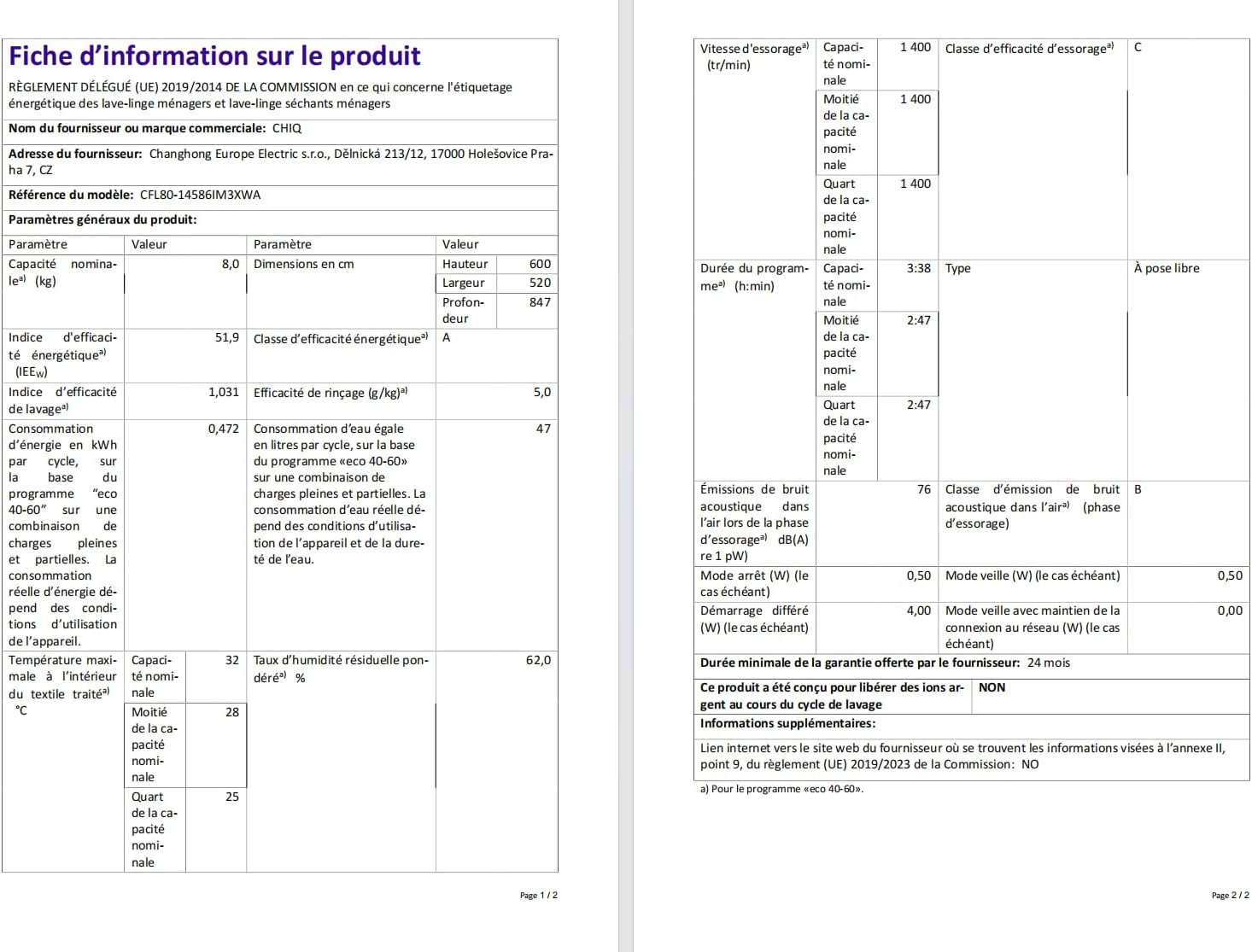 CHiQ Lave-linge à chargement frontal 10kg CFL100-14586IM3XWA,Space Pro,Moteur Inverter stable,1400 tr/min, Programme intelligent à IA,Fonction vapeur,Lavage rapide 15 minutes,15 cycles lavage,Blanc