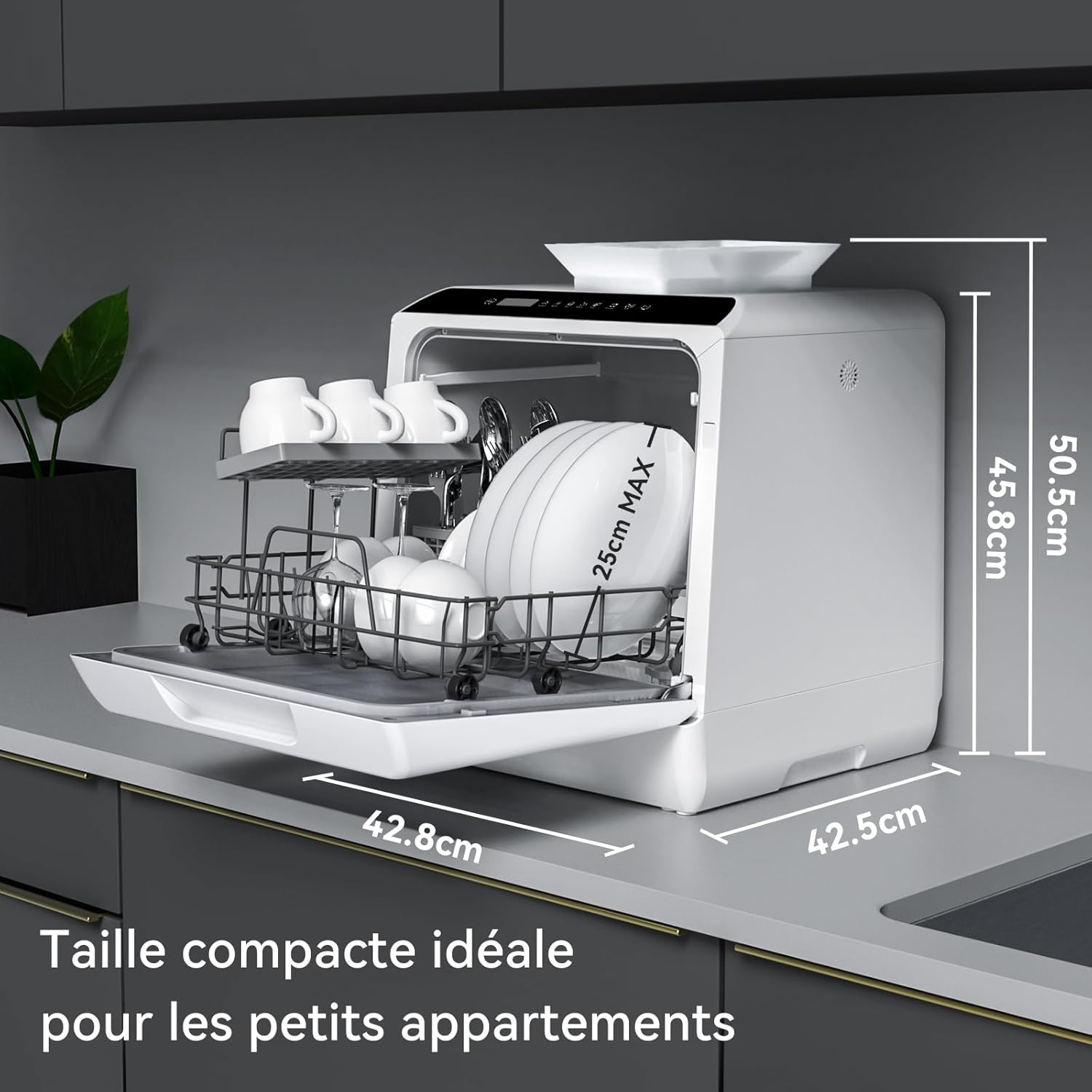 Hermitlux Mini-lave-vaisselle, lave-vaisselle de comptoir, utilisable avec robinet ou sans robinet, largeur de 43 cm, capable de contenir 4 sets, adapté au camping, 175 kWh/an, blanc