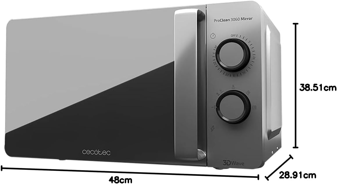 Cecotec Four à micro-ondes ProClean 9110 FullINOX avec grill 1000 W, 30 litres, 5 niveaux de puissance, 8 programmes, minuterie de 60 minutes, revêtement Ready2Clean, design avant miroir