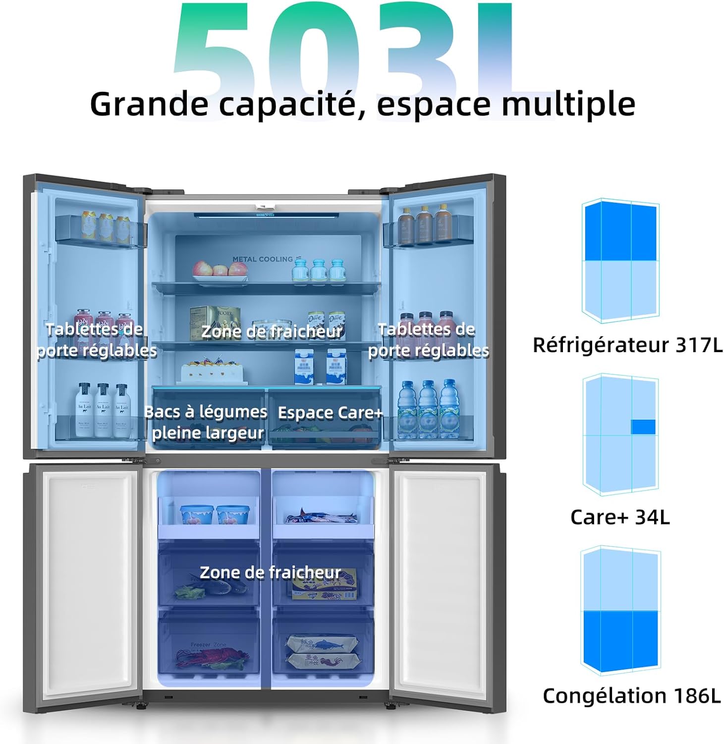 CHIQ Réfrigérateur autoportant 317L à Inverter, 322 l, sans givre, flux d'air multiple, congélation rapide, électronique tactile, compresseur avec garantie de 12 ans, efficacité améliorée, noir
