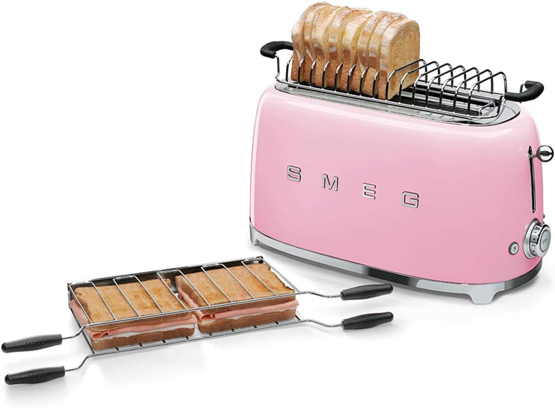 Smeg, Grille-pain 4 Tranches TSF02PKEU, 2 Fentes 36 mm, 6 Niveaux de Brunissage, Fonction Chauffage, Décongélation et Bagel, Éjection Automatique du Pain, Ramasse Miettes, 1500 W, Rose