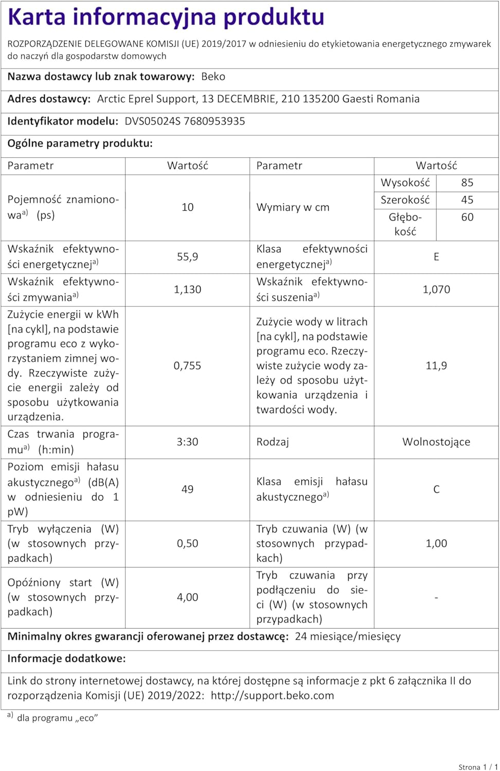 Beko DVS05024S lave-vaisselle Autoportante 10 couverts Argent