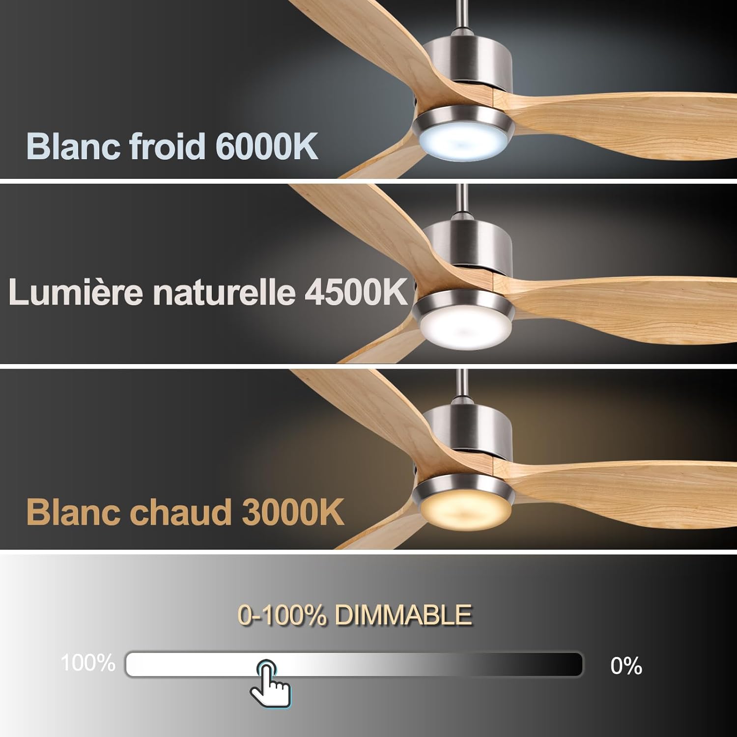 Ovlaim 132cm intérieur extérieur 3 pales hélice Smart ventilateur de plafond, Ventilateur de plafond en bois massif à moteur DC silencieux avect