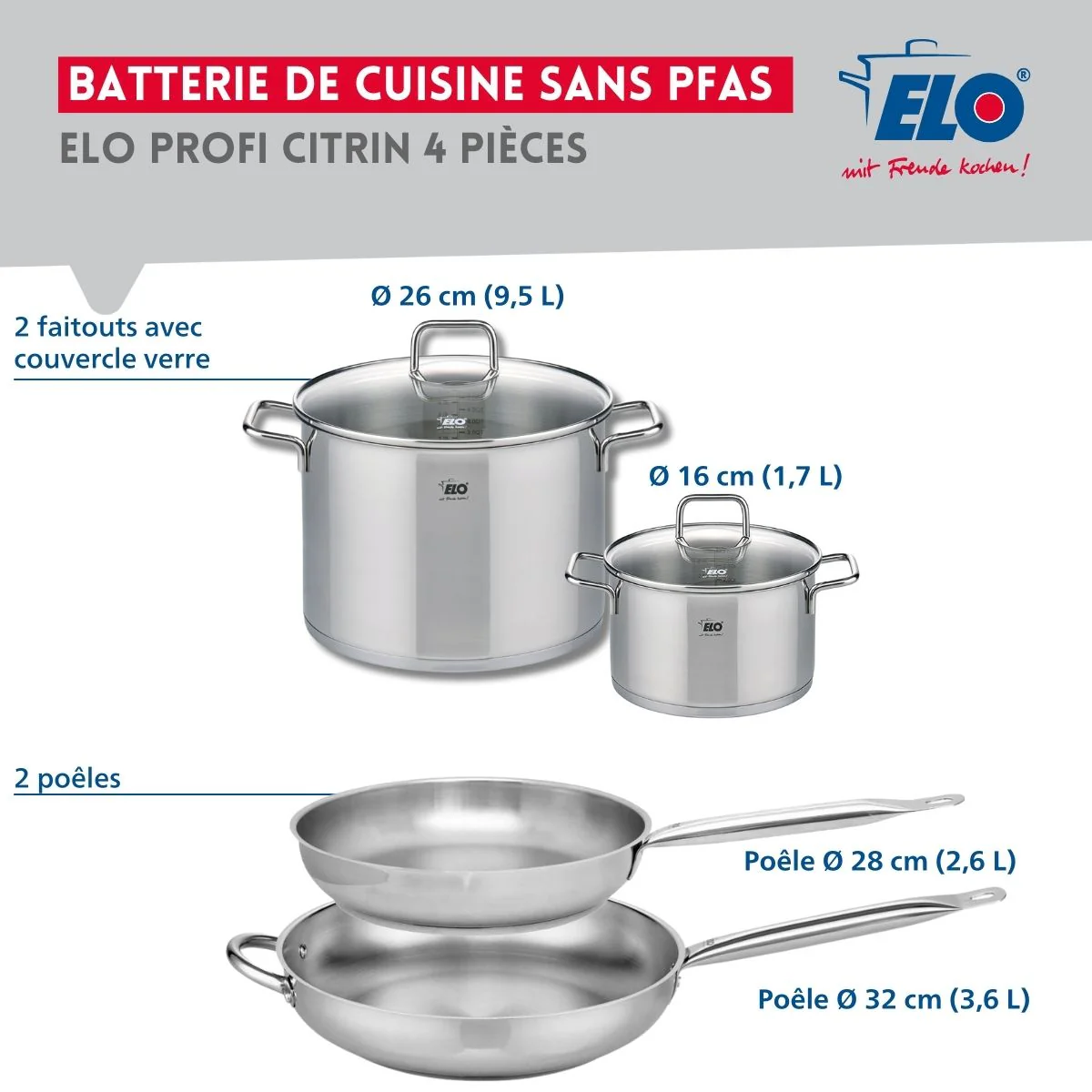 Ensemble de 2 Poêles de cuisson 28 et 32 cm et 2 faitouts 16 et 26 cm Elo Profi Citrin Elo