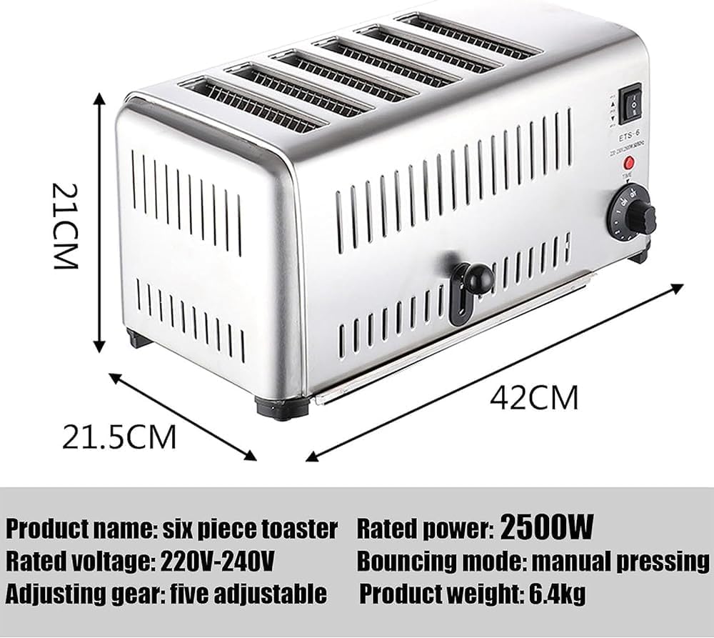 PPGE Home Grille-Pain 6 tranches Grille-Pain Commercial en Acier Inoxydable, Grille-Pain à Ouverture Manuelle, Fentes Extra Larges, Grille-Pain pour Petits Pains à Hamburger