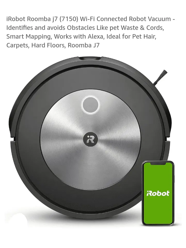 iRobot Roomba j7 (7150) Wi-Fi Connected Robot Vacuum - Identifies and avoids Obstacles Like pet Waste & Cords, Smart Mapping, Works with Alexa, Ideal for Pet Hair, Carpets, Hard Floors, Roomba J7
