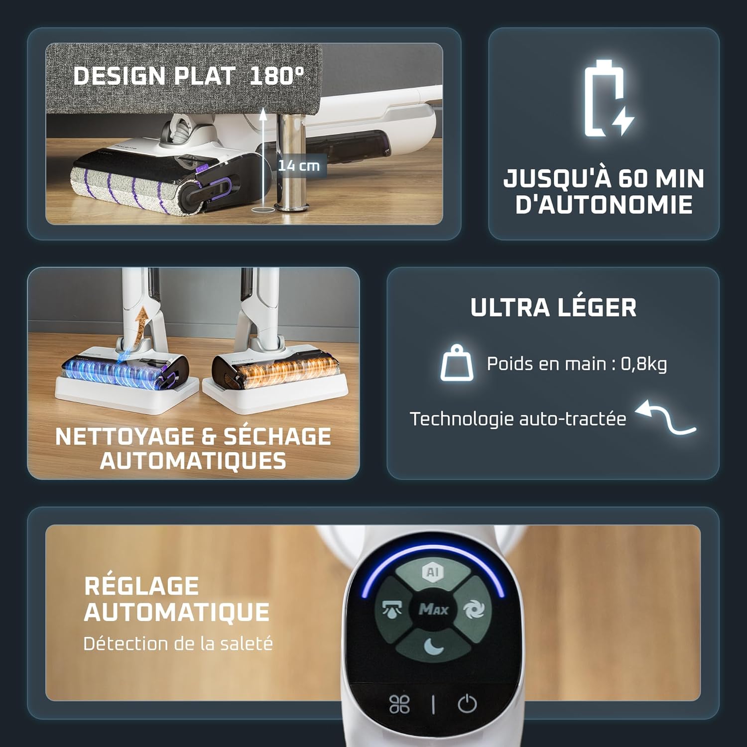 Rowenta X-Clean 10, Aspirateur Laveur sans fil, Design Plat 180°, Auto-Nettoyage et séchage 65°C, Autonomie 60min, Parfait pour Tâches Tenaces et Poils d’Animaux GZ7540WO, Blanc