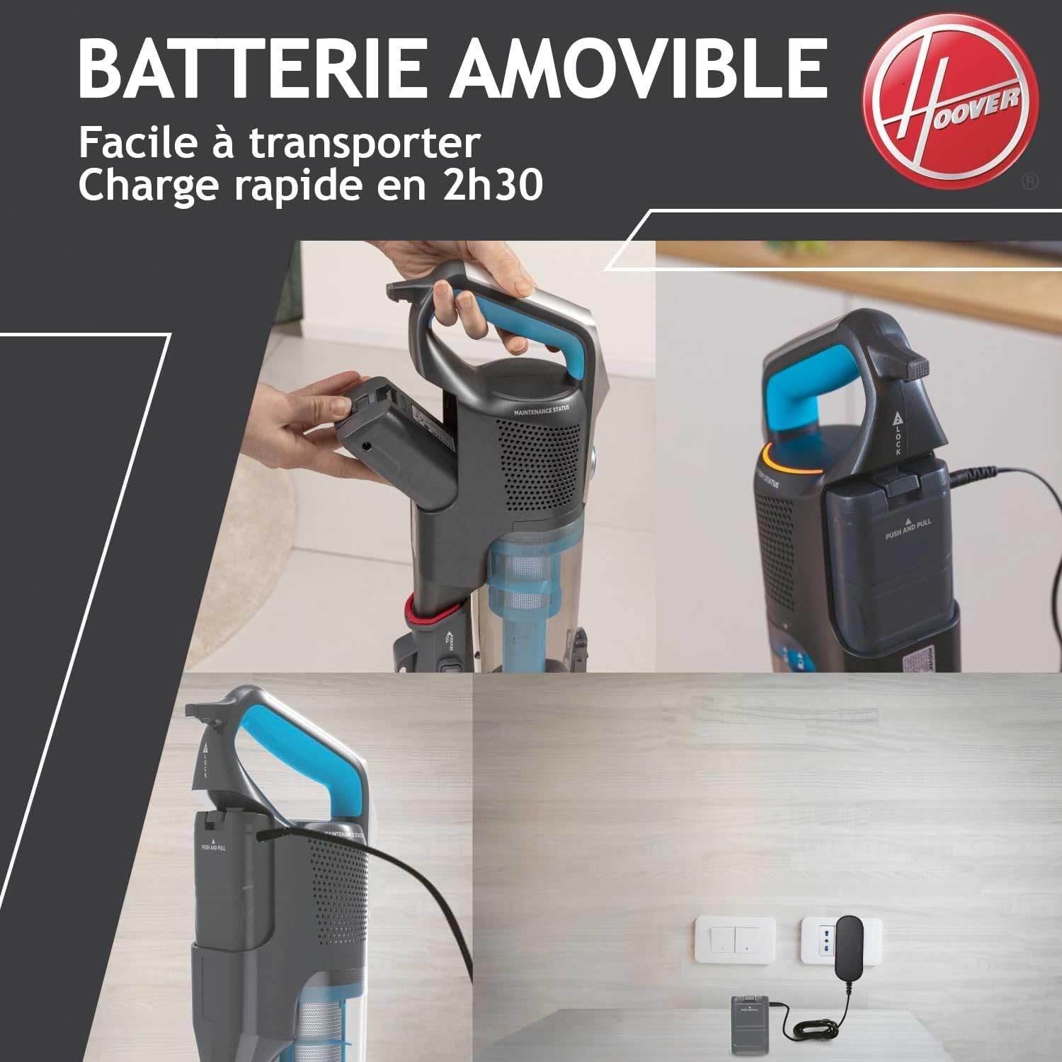 Hoover HF522STP Aspirateur Balai sans Fil Puissant, Grande Autonomie, Rangement Compact, Electrobrosse Anti-emmêlement LED, Turbobrosse Spéciale Animaux, Charge Rapide,Position Park&Go, Bleu Skyfall