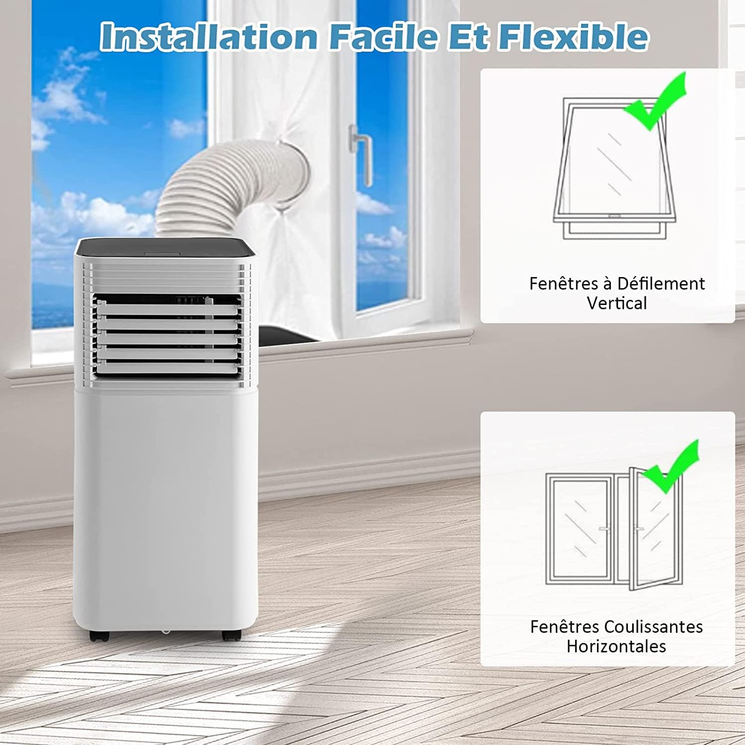 RELAX4LIFE Climatiseur Mobile Silencieux 9000BTU, Climatiseur Portable 4 en 1, Refroidisseur d'Air, Ventilateur, Déshumidificateur, Mode Nuit, 15-20㎡, Télécommande, Minuterie 24H, Classe Energie A
