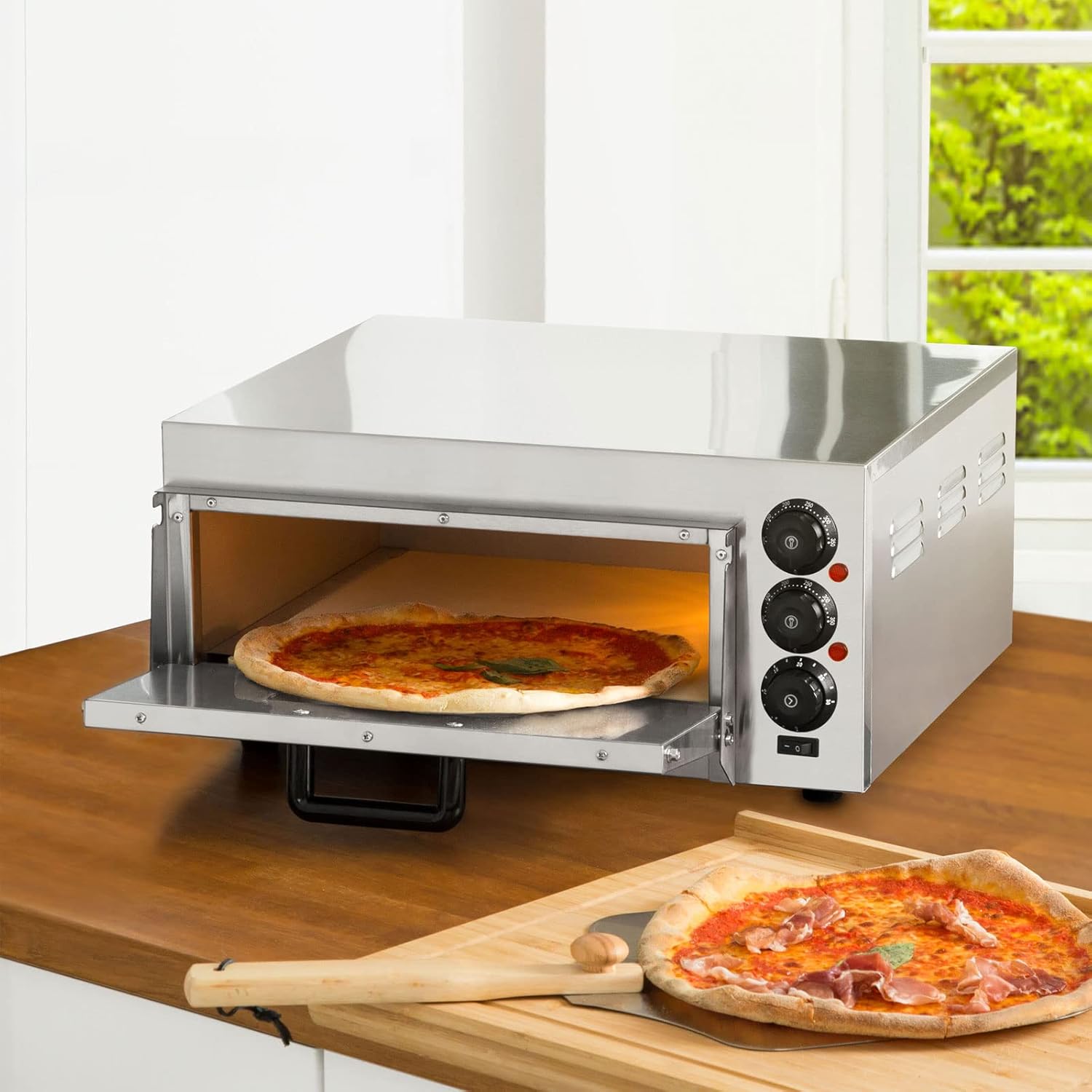 VERTES Four à Pizza électrique, Deux Etages, 3000W, Pierre réfractaire four, Chaleur de voûte et de Sole réglable indépendamment jusqu'à 350°C, Fonction minuterie, four double cavité, Acier INOX