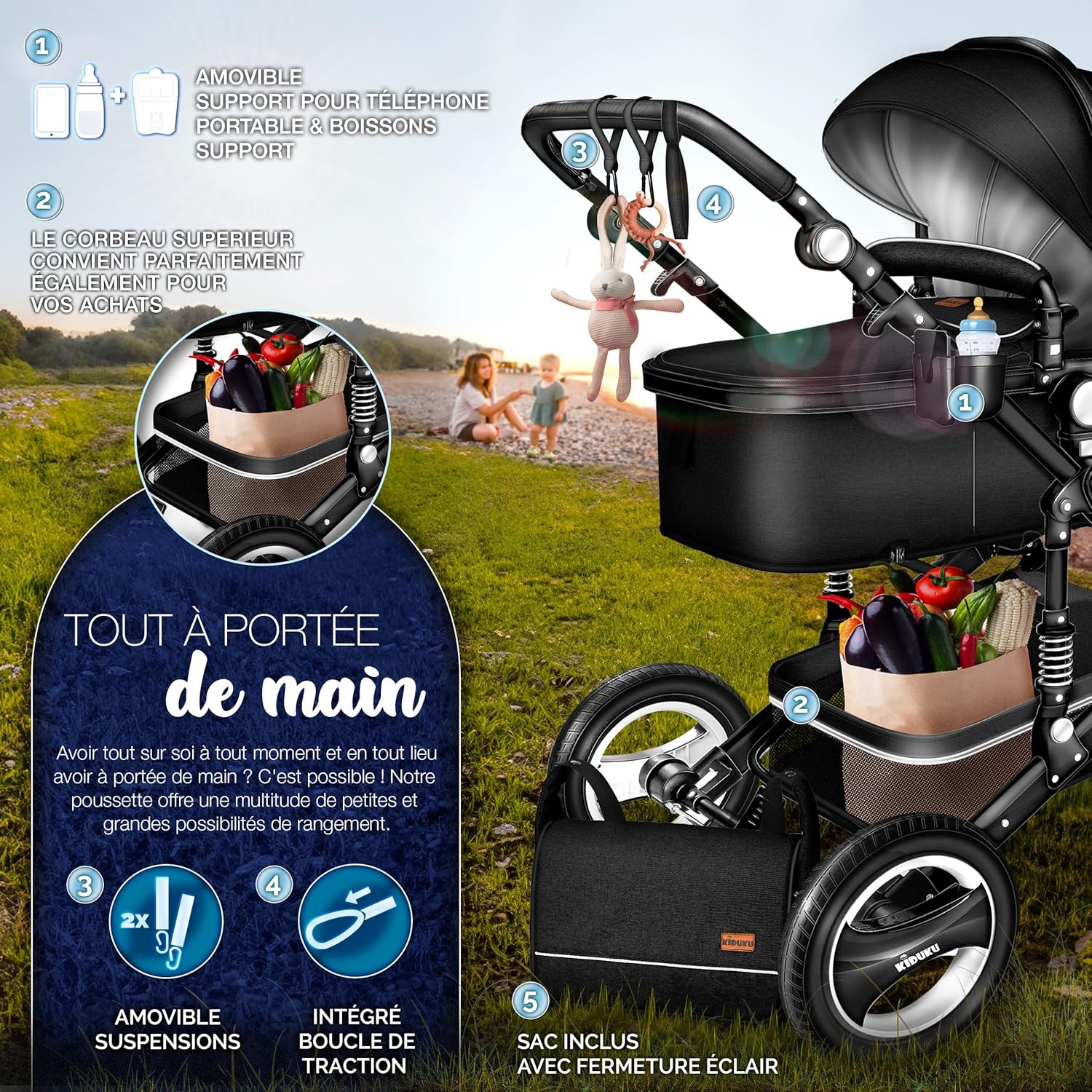 KIDUKU® Poussette Combinée 3 en 1 | Trio pour Enfants | Siége Auto Légère, Piable | Nacelle Souple Convertible | Set de Voyage (Noir/Champagne)