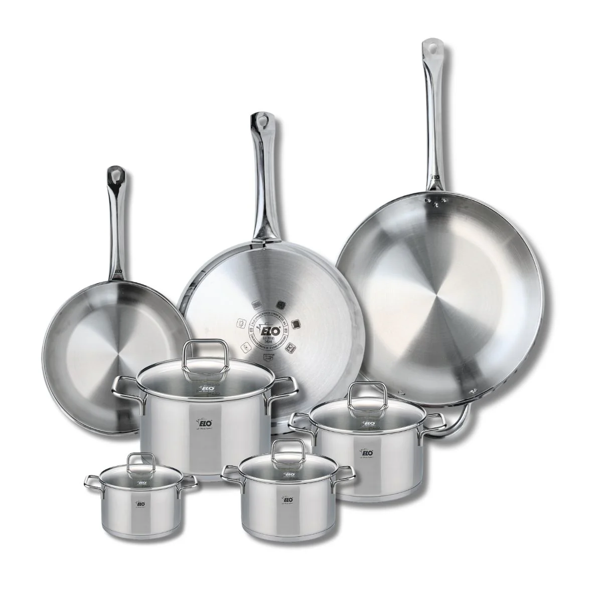 Ensemble de 3 Poêles de cuisson 24, 28 et 32 cm et 4 faitouts 12, 14, 16 et 20 cm Elo Profi Citrin Elo